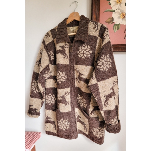 Vintage Wool Cowichan Style Sweater Wool Zip Front w/ Neutral Winter Patchwork - Picture 6 of 15